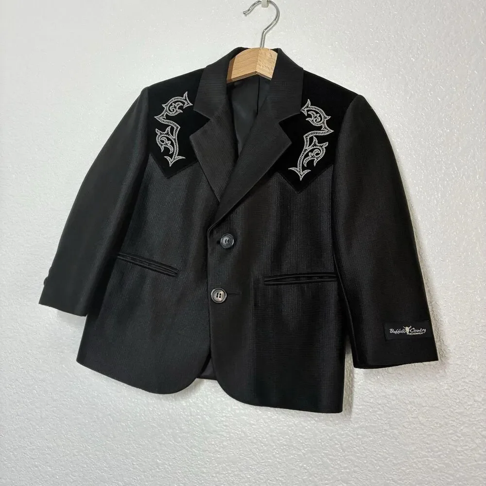 Buffalo Country Suit Jacket Boys 4 Black Western Cowboy Embroidered Velvet Yoke